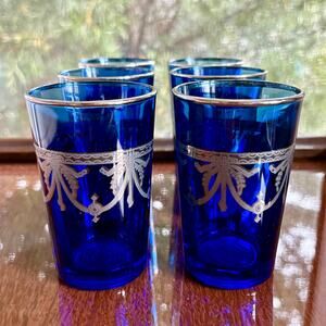 Vintage Cobalt Blue Silver Overlay Tumblers Set of 6 Platinum Rim Barware NOS